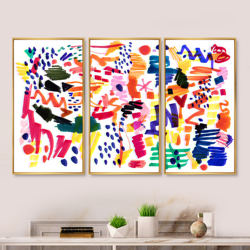 «Modern Modern Multicolor Futuristic Pop Art», reproduction sur toile flottante 3 pièces, H 20 po x l 36 po, Cadre doré