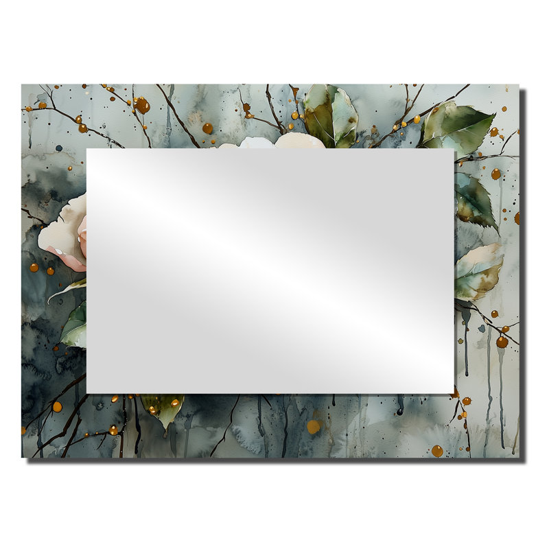 Watercolor of Thorn and Bloom Roses II - Miroir floral pour décoration murale - imprimé sur métal, 24 po x 32 po