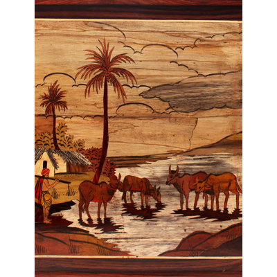 19 po Village Life | Panneau 3D en bois de rose avec incrustations