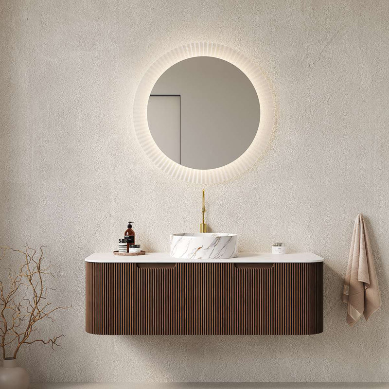 Meuble-lavabo de salle de bain 48 po avec lavabo mural, bords courbés et rayé avec 2 tiroirs, lavabo rond en céramique avec motif de pierre, pré-assemblé