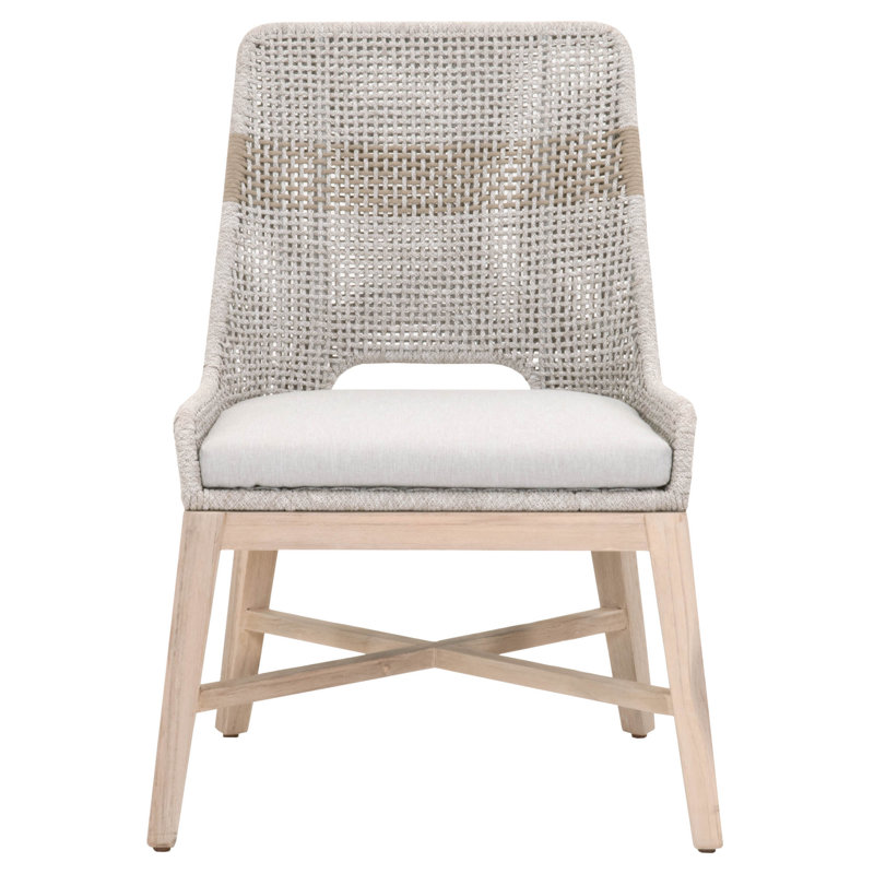 Bowker Teak Wood Premium All-Weather Wicker Outdoor Dining Side Chair with Cushion, Taupe/White
