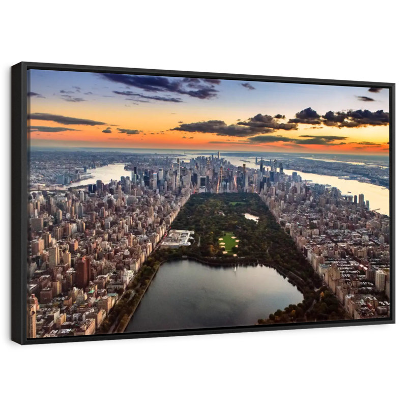 NY Central Park Aerial View, Floating Frame Black, 13" X 9"