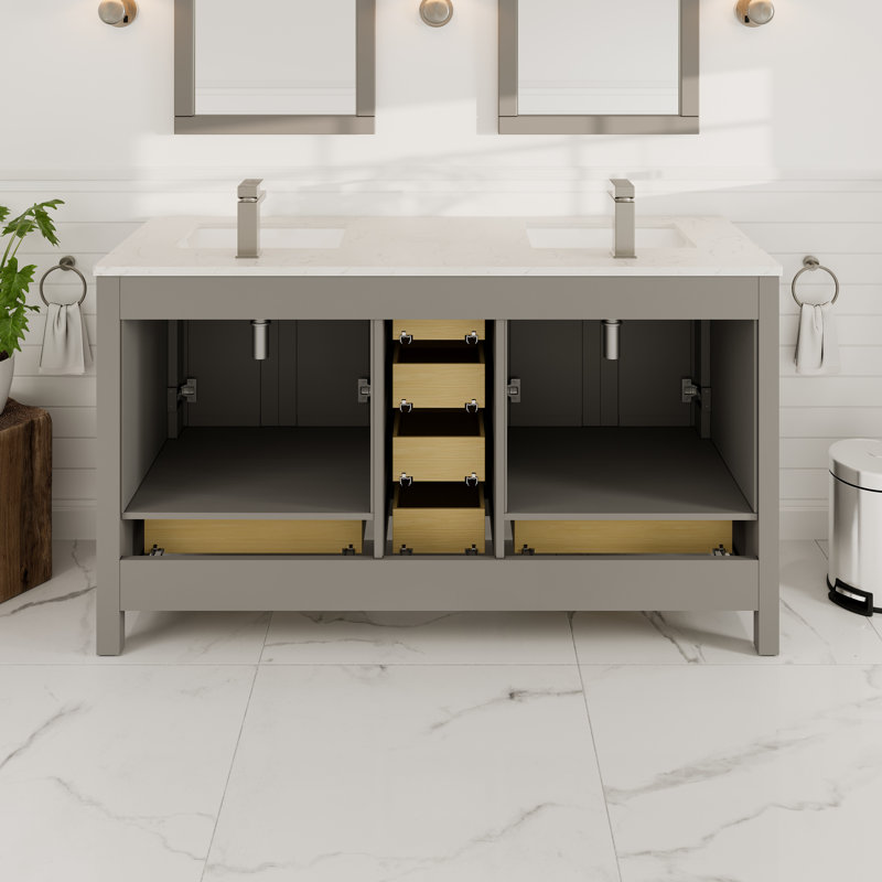 Gray Double Sink Bathroom Vanity with White Quartz Countertop