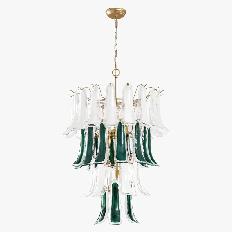 Lustre cascade moderne en verre blanc et vert émeraude à 9 lumières (65 cm de large)., H 91,6 po x l 25,6 po x P 25,6 po
