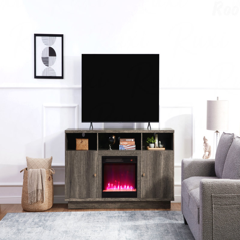 Console de 70 po avec foyer, lumière DEL, armoires et tablettes, Gris