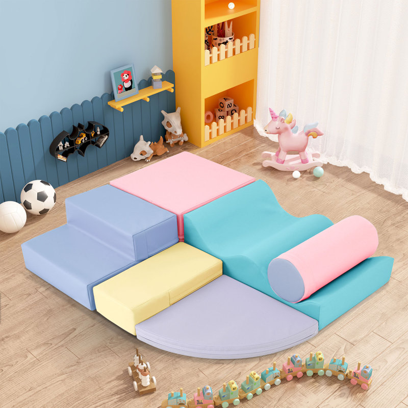Ensemble de jeu en mousse souple 6 en 1 pour enfants rampant et escaladant, Bleu / Jaune / Rose