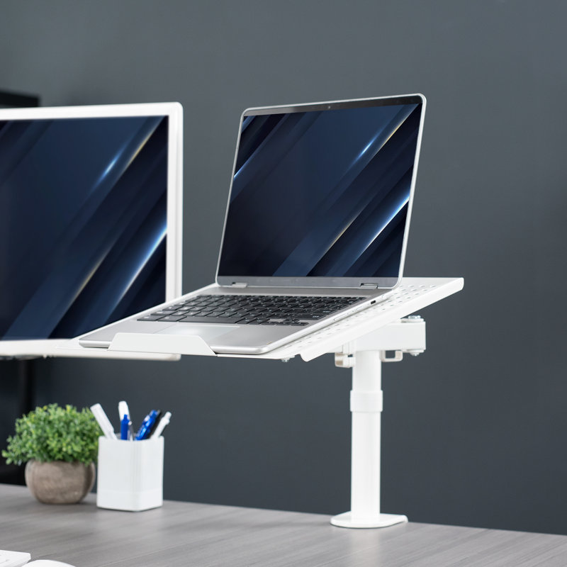 White Adjustable Laptop Desk Mount with C-Clamp and Grommet