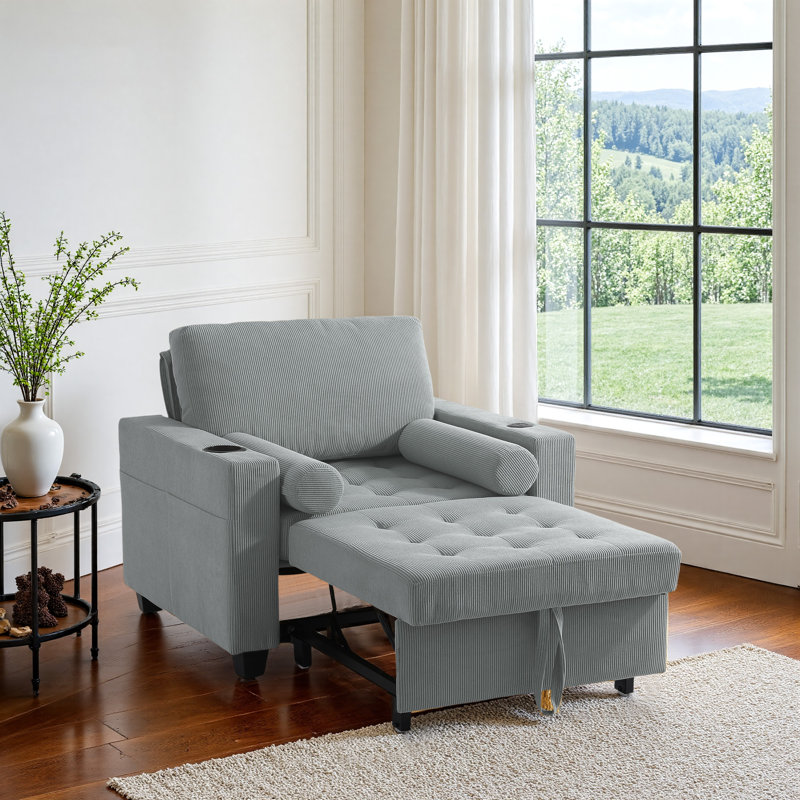 Convertible Gray Corduroy Tufted Sofa Bed Chair 3-In-1 Pull Out Multi-Functional Sleeper Single Chair Bed With 2 Soft Pillows, USB Outlet and  Cup Holder