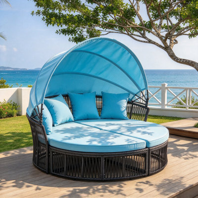 Lit de jour rond en rotin, canapé d'angle convertible pour terrasse avec auvent réglable et 4 coussins décoratifs, lit de jardin en osier multipositions pour jardin, terrasse ou bord de piscine