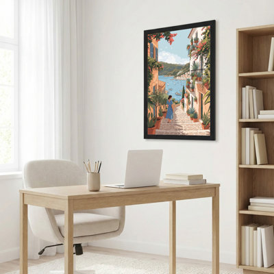 Art mural sur toile noir encadré pour le salon, la chambre à coucher, le bureau ou le vestibule - décoration murale décorative avec rue méditerranéenne