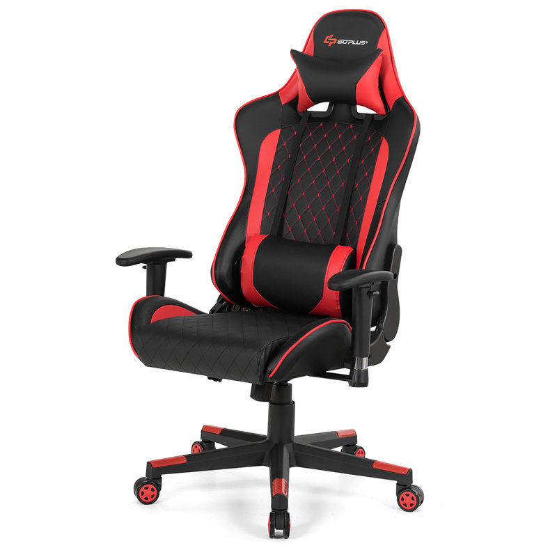 Costway Goplus Adjustable Reclining Ergonomic Faux Leather Swiveling PC & Racing Game Chair, Black/Red
