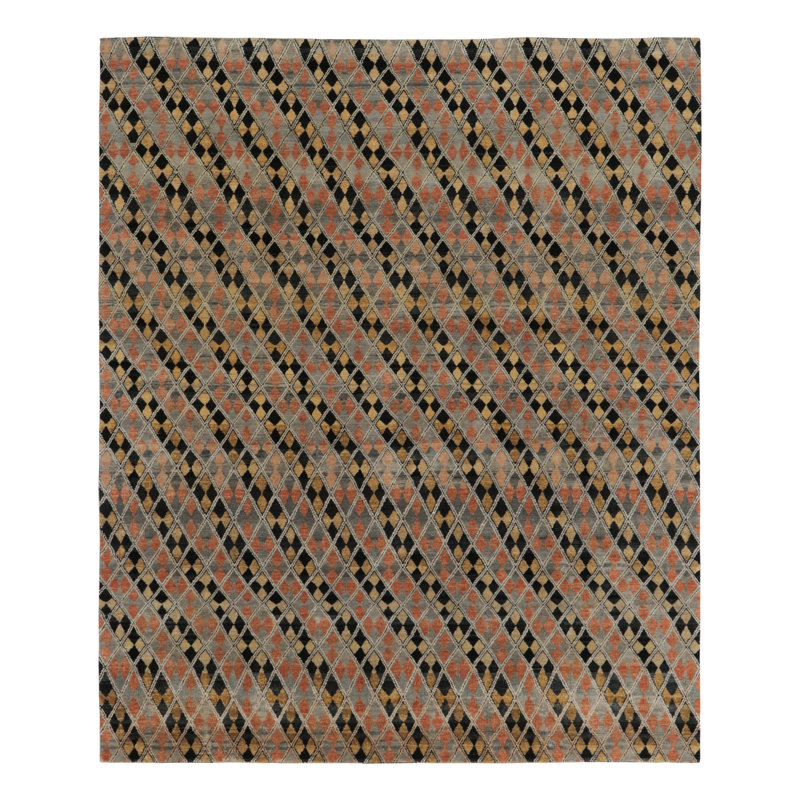 Rug & Kilim’S Modern Rug In Black, Charcoal And Gold Diamond Geometric Pattern