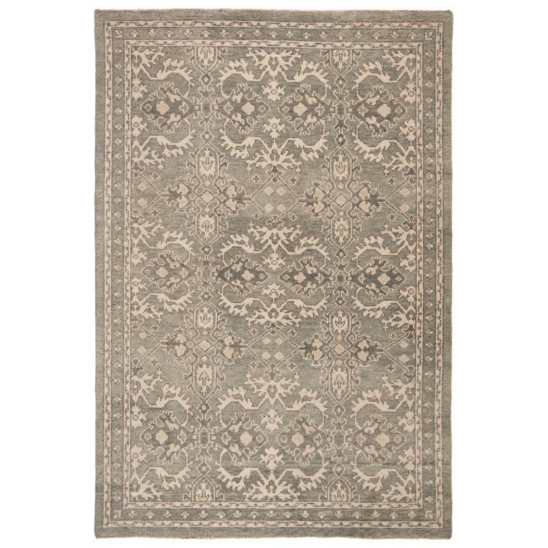 Tapis oriental gris / ivoire en laine noué à la main Solomon, Rectangle 6 pi x 9 pi