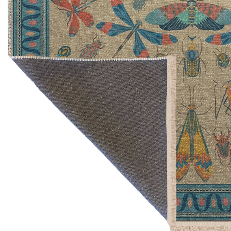 Tapis décoratif bleu-beige à motif de libellules et de papillons, Rectangle 4 pi 11,06 po x 7 pi 6,55 po