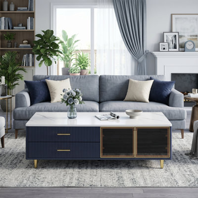 47.2 Inch Modern Navy Blue Coffee Table with 2 Glass Doors, 4 Storage Drawers, Gold Metal Legs and Multi-Color Lights
