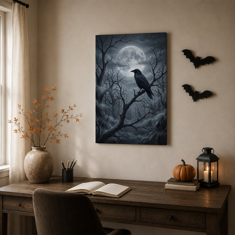 Art mural sur toile, "Black Raven" perché sur une branche torsadée sous Halloween, H 18 po x l 12 po