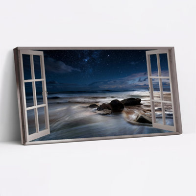 Nuit étoilée vue sur l'océan par une fenêtre ouverte, reproduction d'art sur toile tendue, ensemble de 1