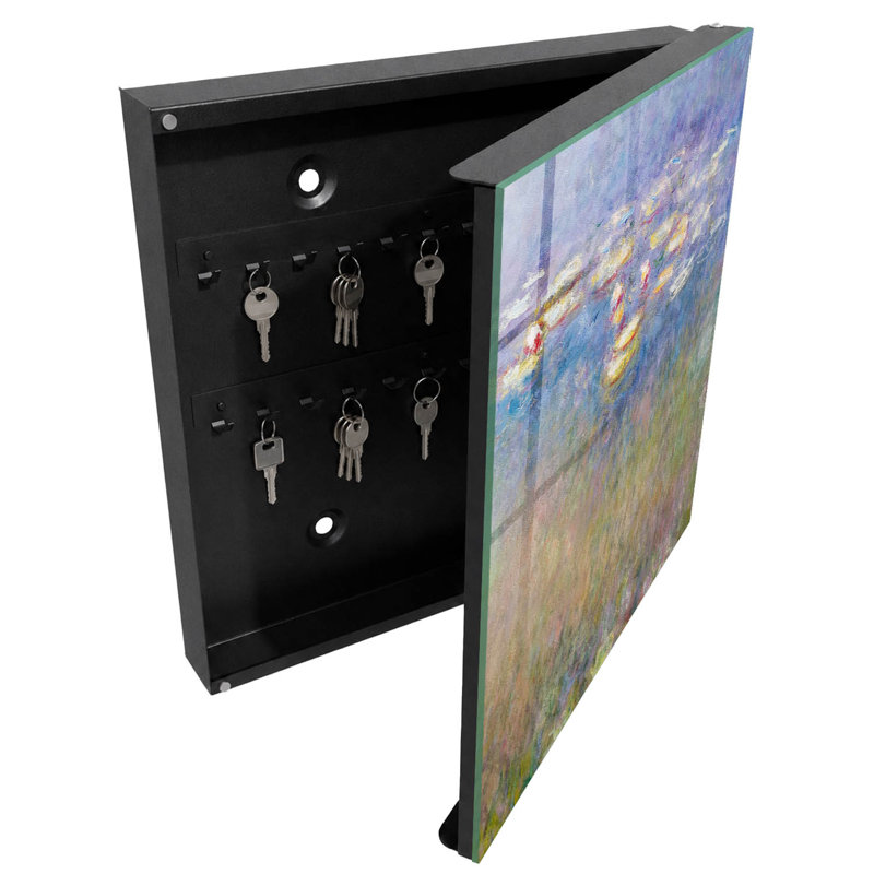 Wall mounted key box, Opens to the right, 30x30x5, White, Water lilies on a lilac background, 