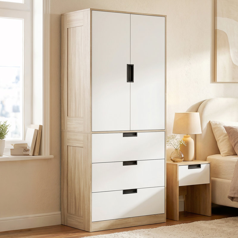 HOMCOM Modern Clothes Storage Cupboard Unit with Hanging Rod, Oak