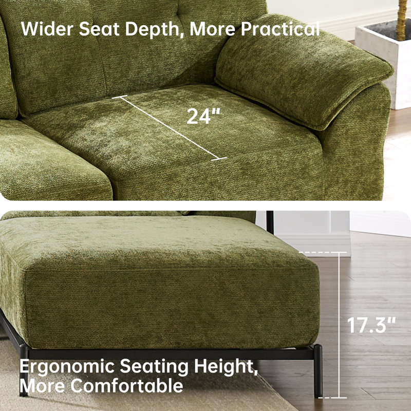 106.3" L-shape Sectional Sofa with Ottoman, Green Chenille