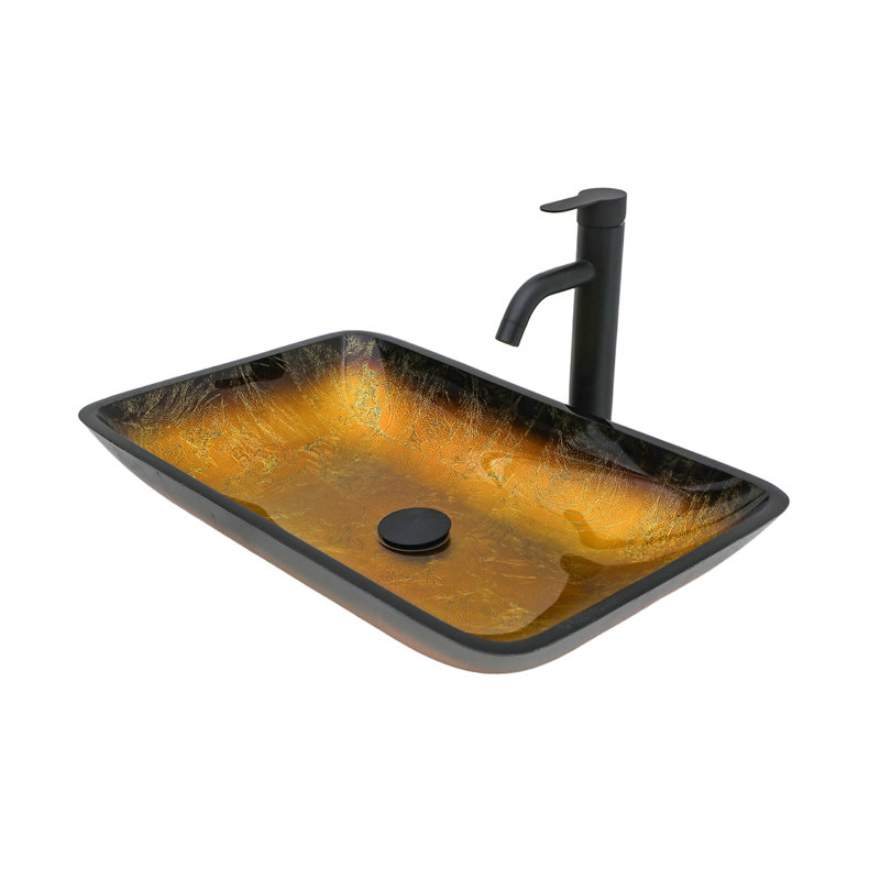 Bathroom Vessel Sink Above Counter Amber Gold Gradient Tempered Glass Bowl Square Sink For Bathroom, Gold