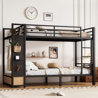 Twin XL Over Twin XL Metal Bunk Bed with Shelves, Drawers & Pegboard, Heavy Duty Teen Bed Frame, Space Saving, Black