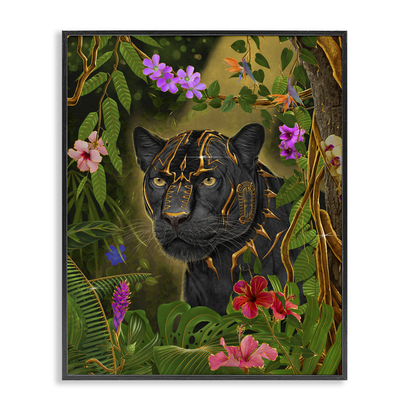 Majestic Golden Panther, estampe numérique, conception de Vincent Hie, H 20 po x l 16 po, Giclée encadrée noir minuit