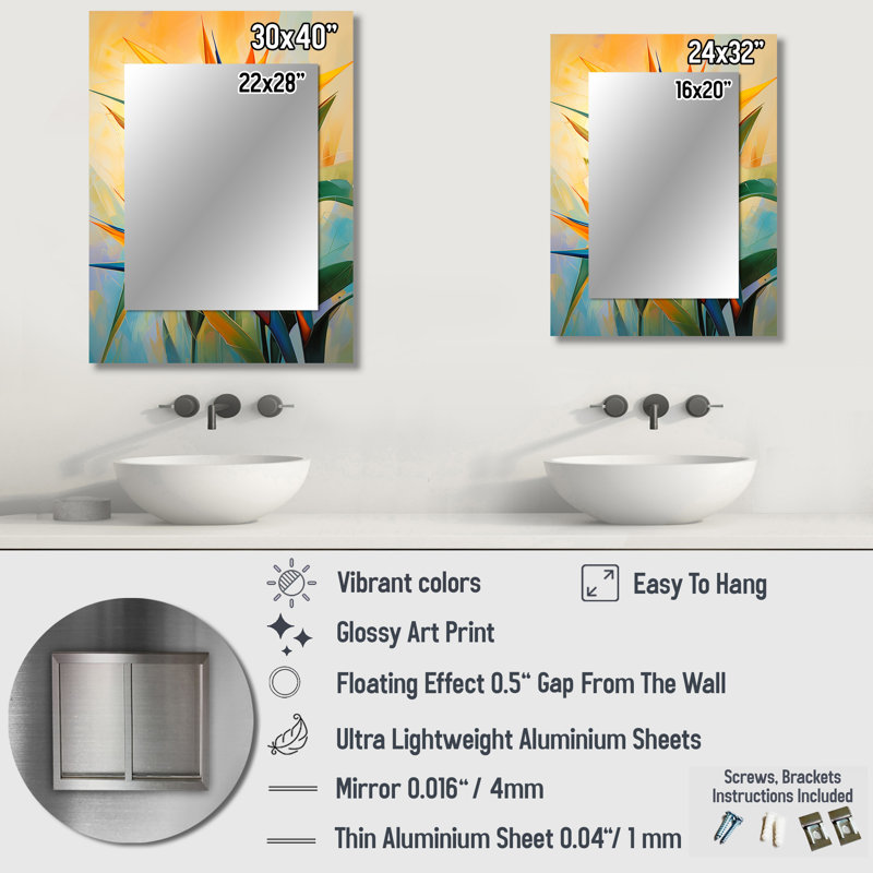 Paradises Profile Flower II - Birds Of Paradise Decorative Mirror, Traditional Large Wall Mirror, Printed Metal Art