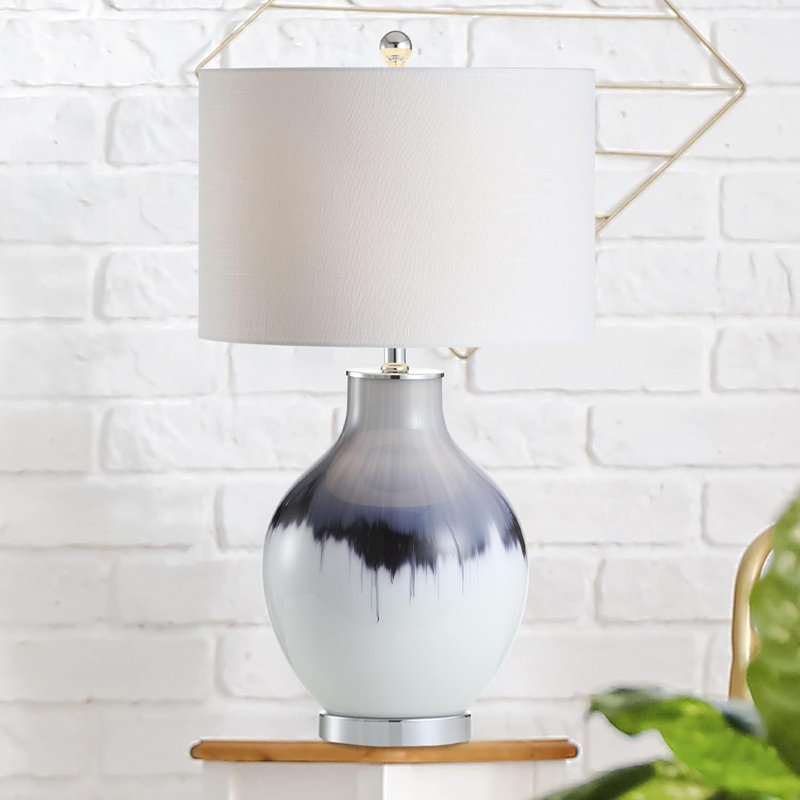 27" Glass/Metal Led Table Lamp - Transitional Bohemian Bedroom/Living Room Lamp, Blue/White