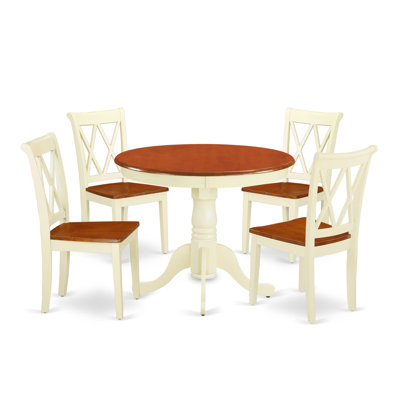 L'ensemble de table de salle à manger 5 pièces pour 4 personnes comprend une table de cuisine ronde avec piédestal et 4 chaises de salle à manger, babeurre et cerise