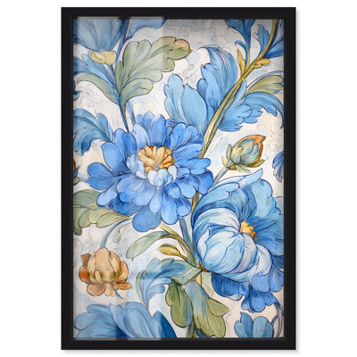 Blue Chinoiserie Shadowbox Print Flower Wall Decor by Art Remedy, Black Frame, 31 x 46