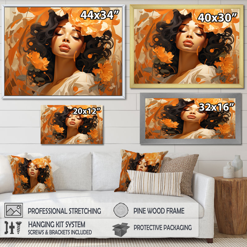Portrait d'une femme africaine orange avec fleurs - art mural mode, H 30 po x l 40 po x P 1,5 po, Toile tendue