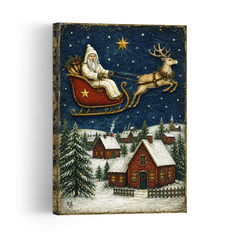 Santa In Sleigh Vintage Abstract Pine Tree Landscape Wildlife Wall Art Print, 152.4cm H x 101.6cm W