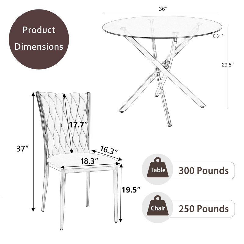 Glass Round Dining Table Set with Luxury Velvet Upholstered Dining Chairs, 3 Pieces: Table, 2 Chairs, Vert