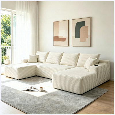 133" Oversized U-Shaped Modular Cloud Sectional Sofa, Plush Upholstered Deep Seat Couch with Movable Ottoman, No Assembly Required for Living Room Apartment Office, Beige