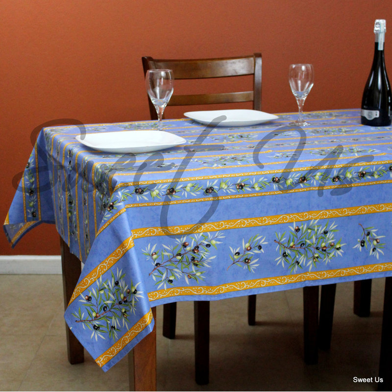 Wipeable Stain Resistant Acrylic Coated French Provencal Cotton Olive Floral Tablecloth, Blue, 60" Square