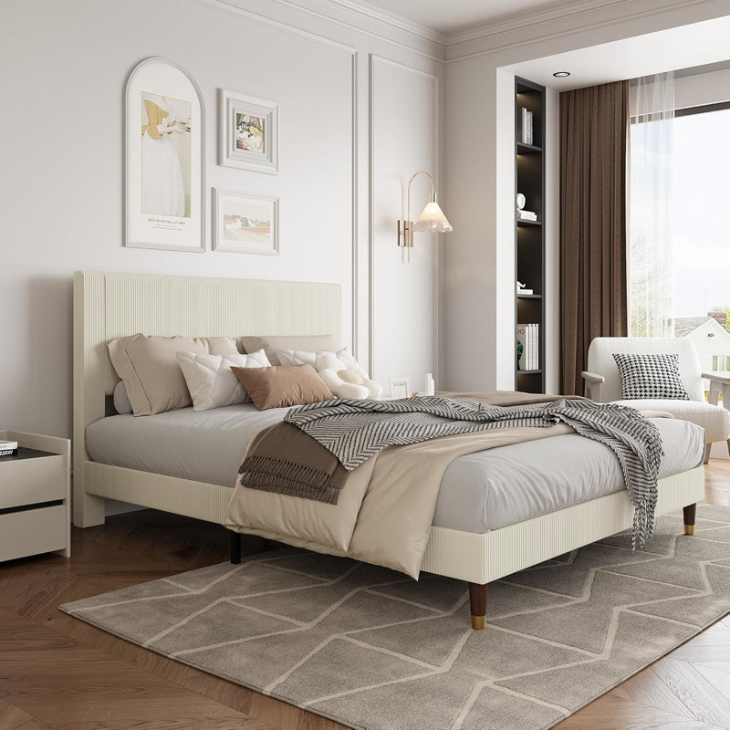Full Upholstered Platform Bed Frame, Fabric Headboard, Metal Frame with Wooden Slats, Modern Bedroom Use ,Beige, Beige, Full