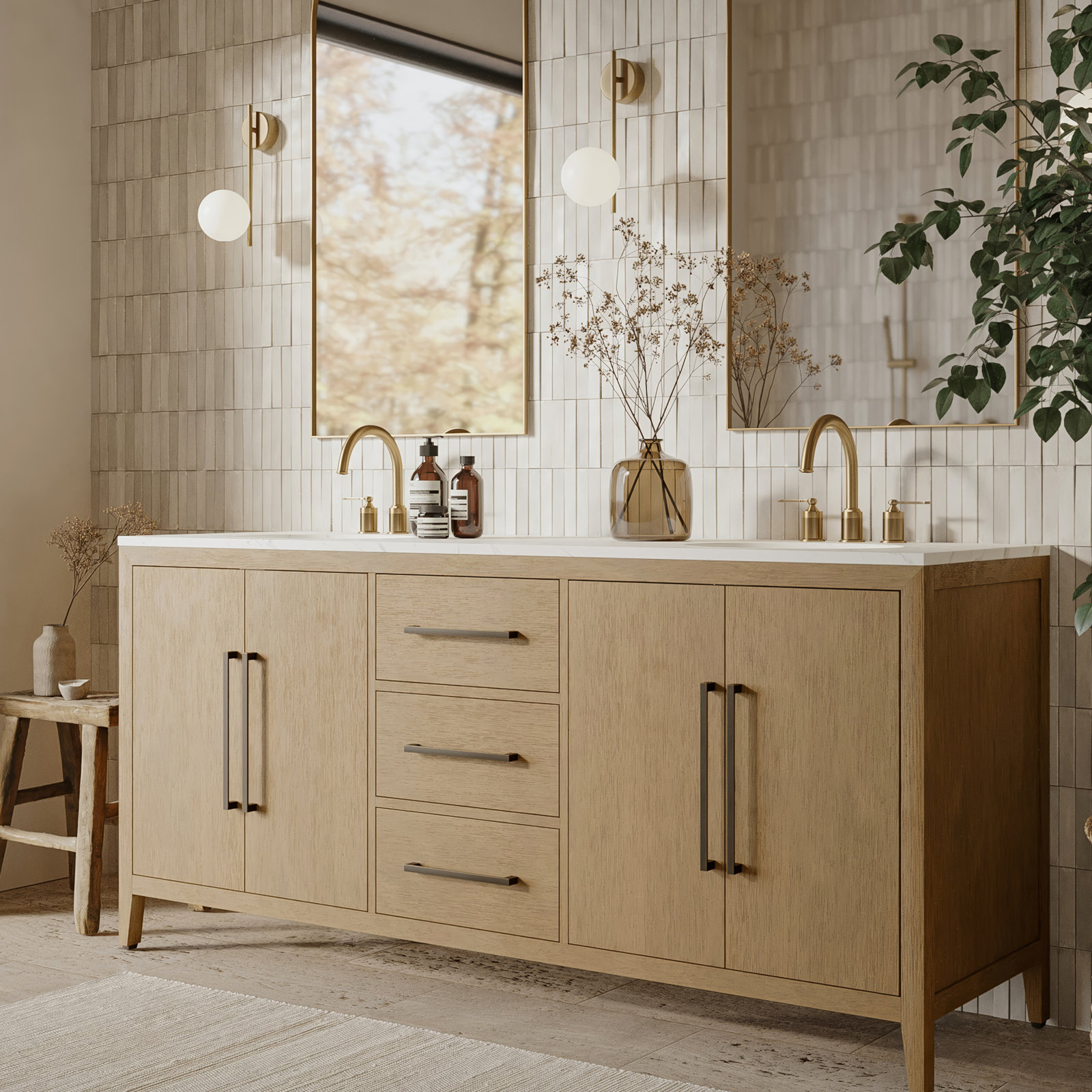 Alsup 72" Oak Double Bathroom Vanity, Wire Brushed Oak