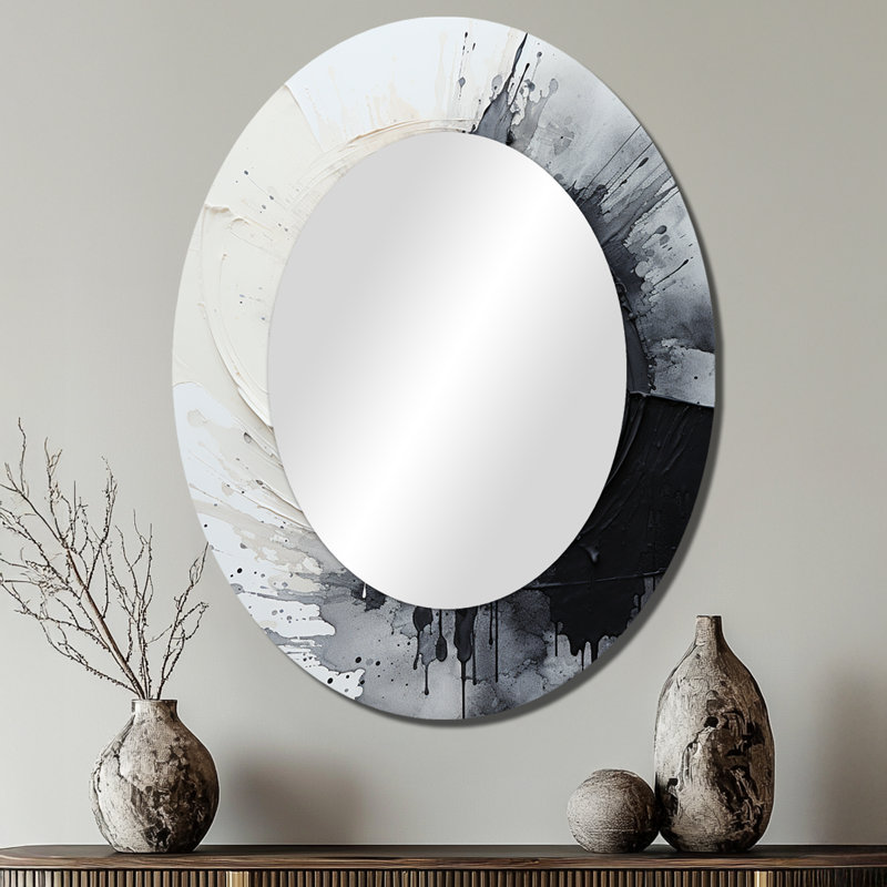 Black And White Zen Spiral I - Gray Modern Oval Wall Mirror, 40" x 30"
