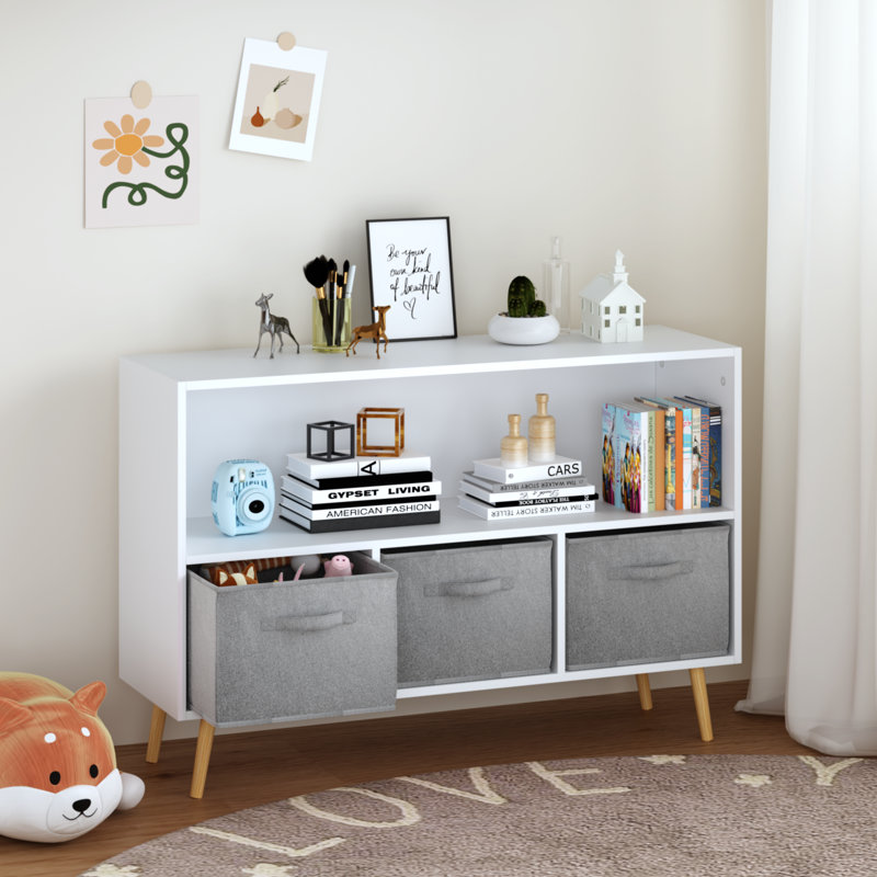 Kids bookcase with Collapsible Fabric Drawers Children's Book Display Toy Storage Cabinet Organizer, White/Gray