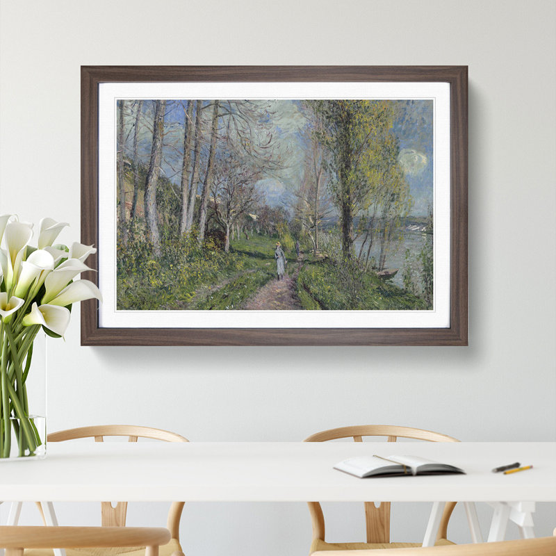 Banks of the River Seine by Alfred Sisley - Picture Frame Painting, Walnut Framed, 27cm H x 36cm W x 2cm D