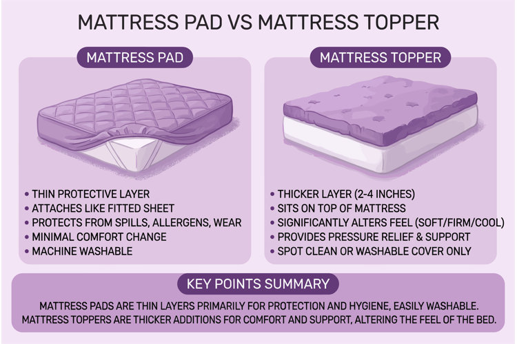 Mattress pad vs mattress topper infographic showing a mattress with a mattress pad on it and a mattress with a topper on it comparing thin protective mattress pads with thicker mattress toppers that add comfort, pressure relief, and support