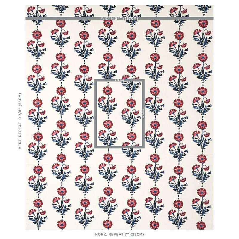 Schumacher x Molly Mahon Dianthus Hand Block Print Fabric, Indigo/Iron