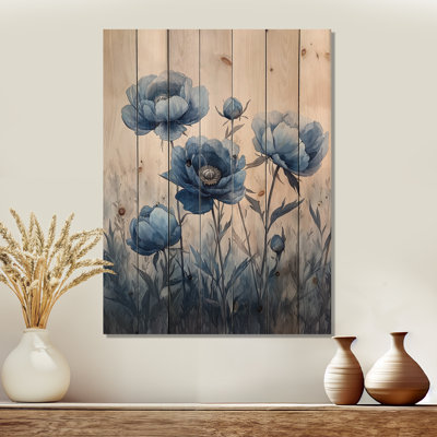 Dusky Blue Peonies In The Pasture I - Peonies Wood Wall Art - On Natural Pine Wood
