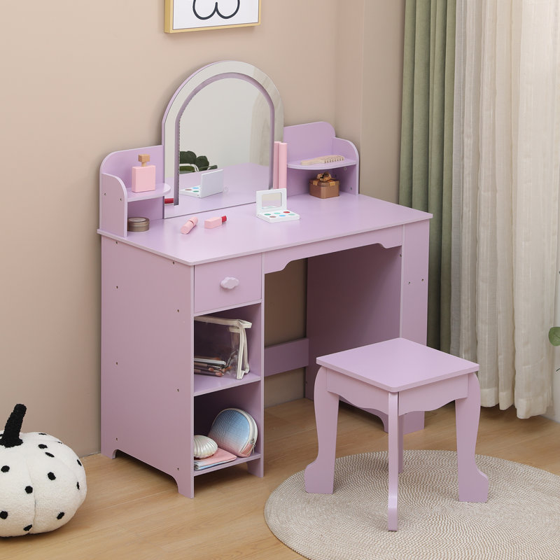 Kids Vanity Set with Lighted Mirror and Stool, 2-in-1 Makeup Table with Drawer, Bookshelf, and Open Shelves for Girls Ages 3–9