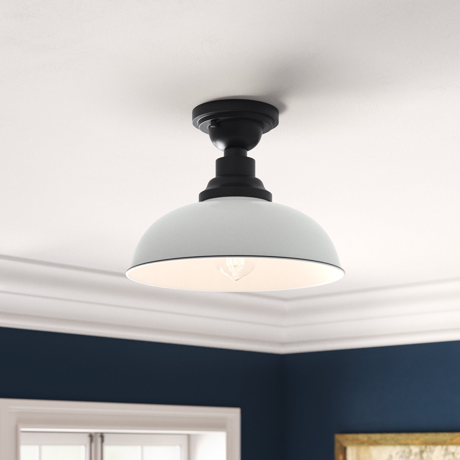 Collina Single Light Metal Semi Flush Mount, White/Black