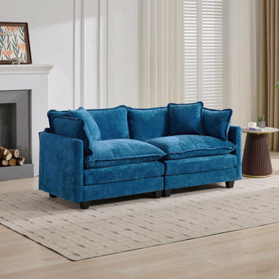 Blue Chenille Cloud Sofa Loveseat, Modular Sectional with Double-Layer Cushions