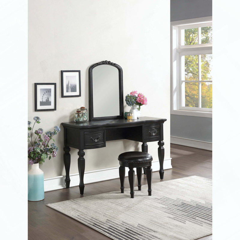 Ensemble de meuble-lavabo classique avec miroir en bois sculpté, tabouret et tiroirs, Noir