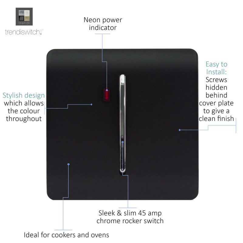 Trendi Switch 1 Gang 45 Amp Cooker Switch with Neon, Matt Black