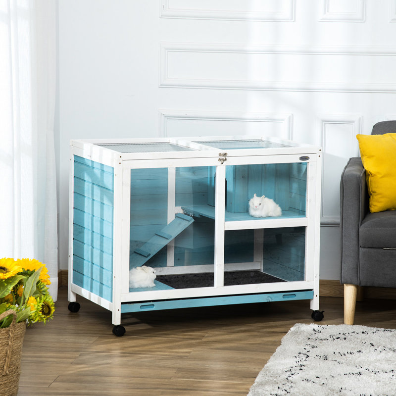 Lapin bleu avec roues - Dimensions du bureau et de la table d'appoint, cage en bois imperméable, compacte pour les lapins nains bleus et imperméables
